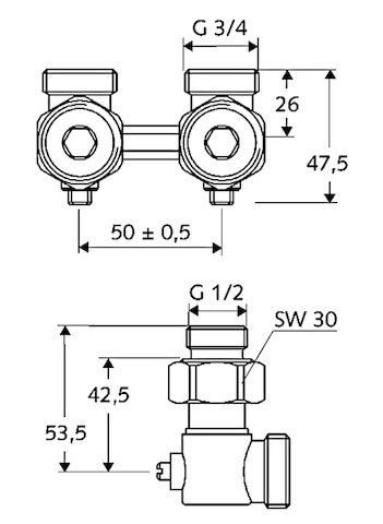 SCHELL Doppel-Anschlusshahn, Eckform absperrbar, 3/4"AGx1/2"AG, mattnickel 141960499